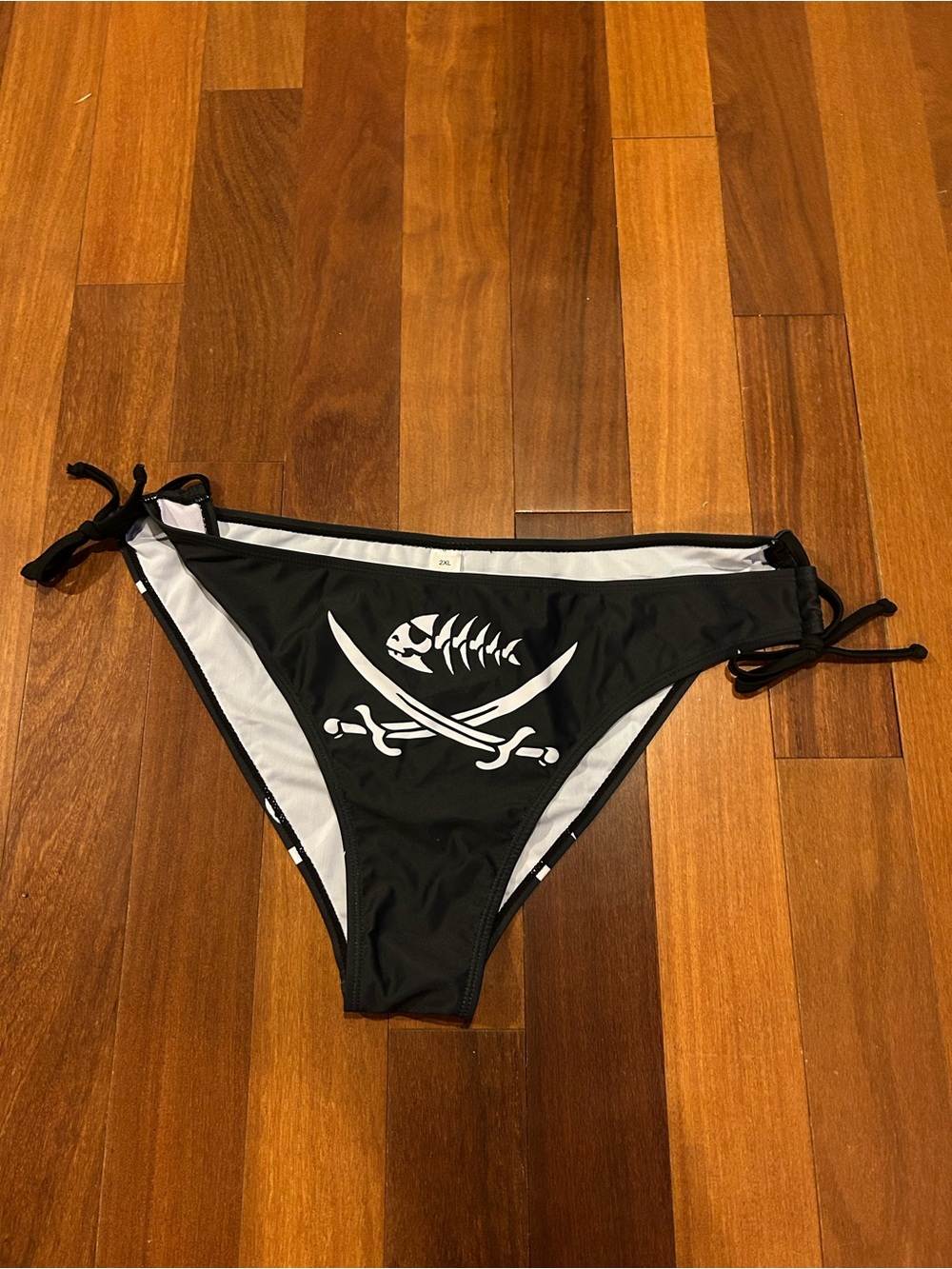 Source Unknown Black Bikini Bottom with White Pirate Fish Graphic NWOT